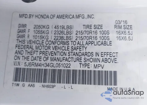 2016 Honda Cr-V Lx из США, поврежденный, VIN 5J6RM4H34GL051022